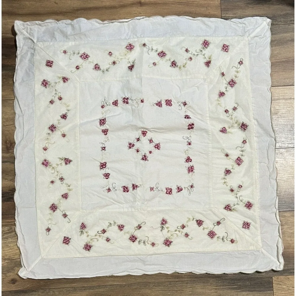 Throw Pillow Cover Bed Large Open Back Embroider Roses Pink Green Lace Inlay 27